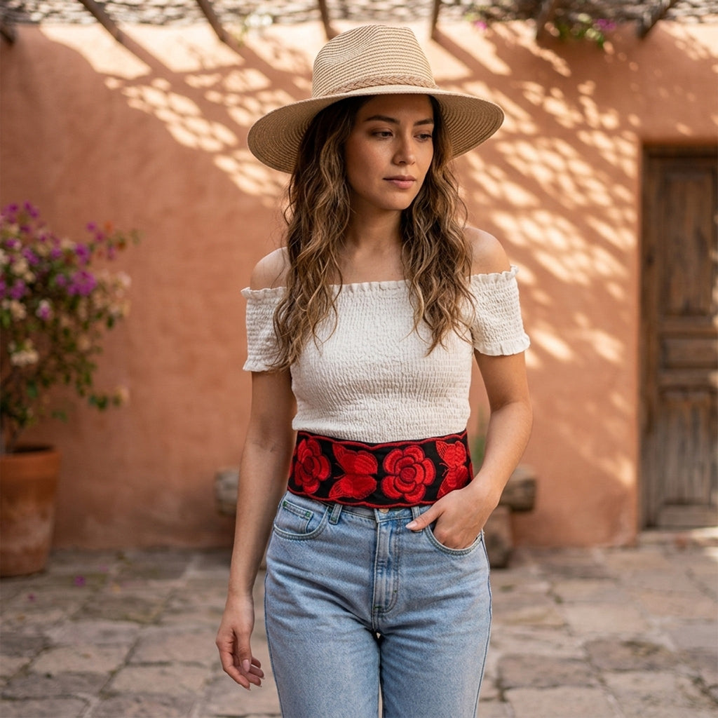 Red floral embroidered Mexican belt styled with a straw hat and white top
