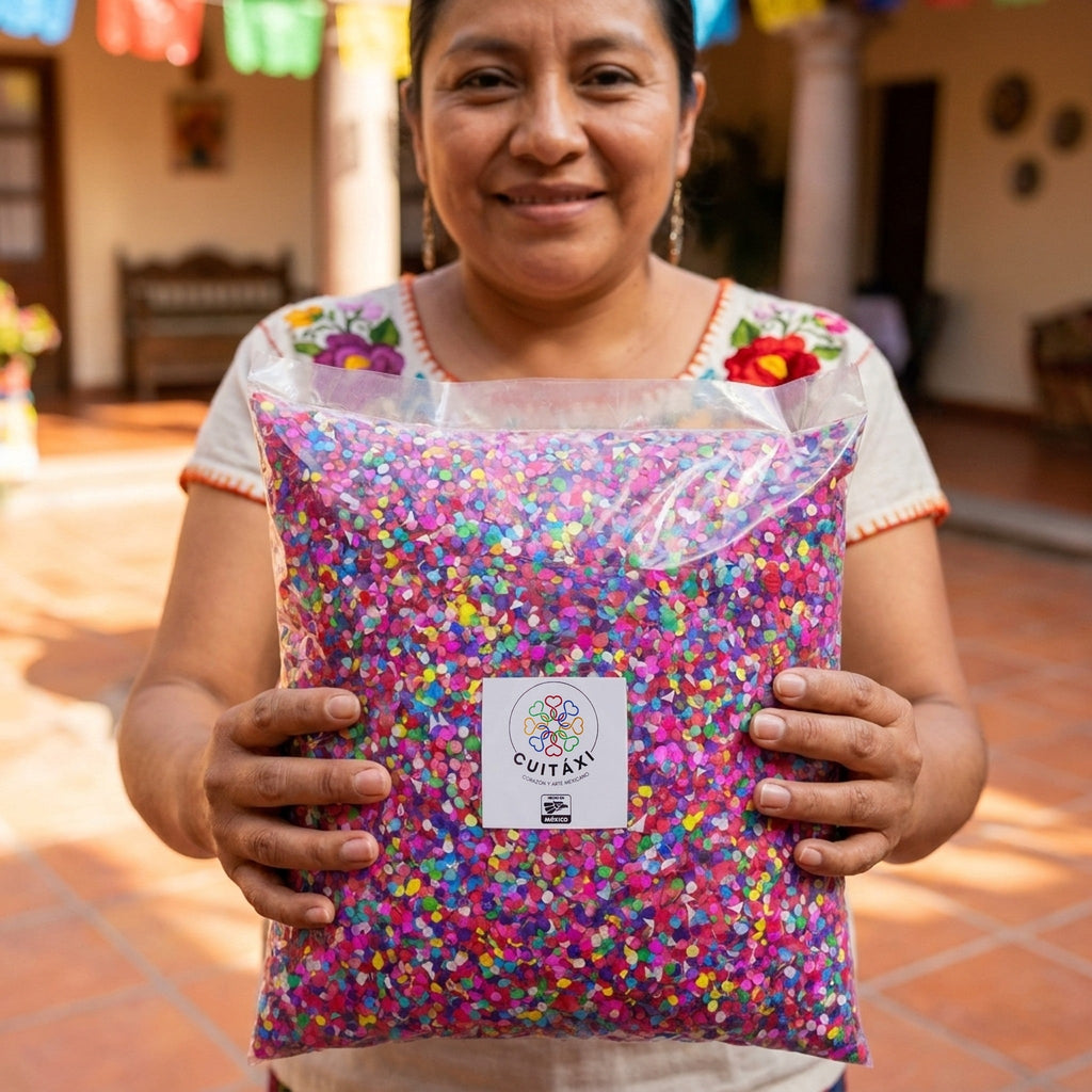 Woman holding a bag of Cuitaxi Mexican confetti under papel picado