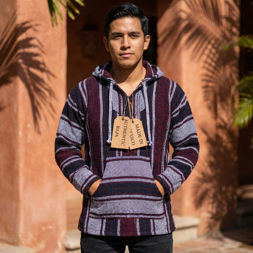 Man wearing the Mexican Baja hoodie with Authentic Baja tags
