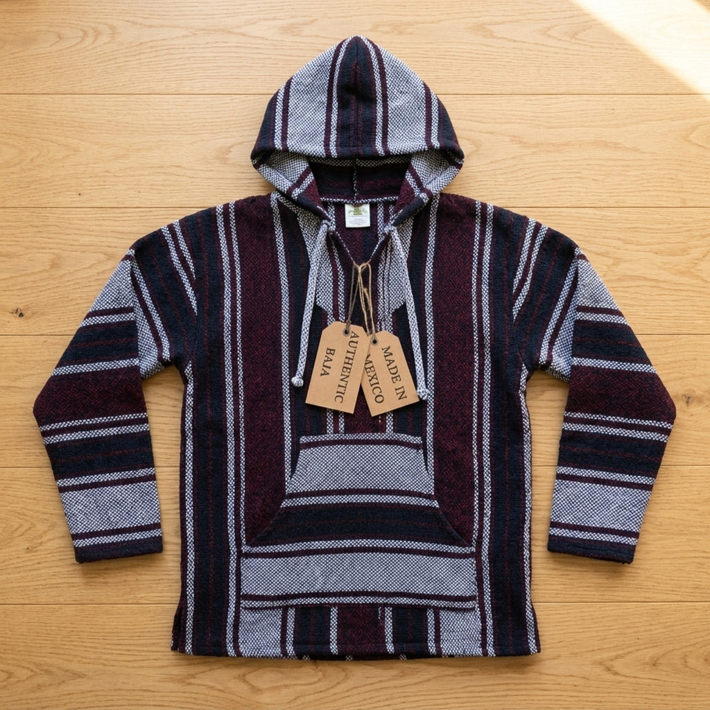 Mexican Baja hoodie laid flat with kangaroo pocket and hood