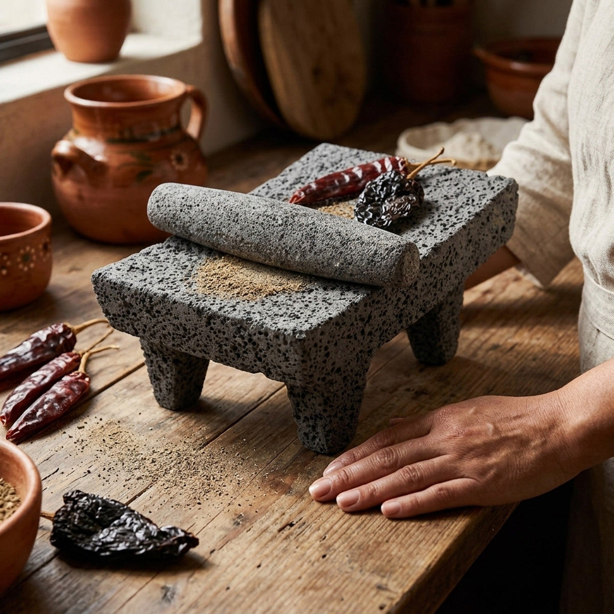 Volcanic stone metate with its mano, chiles and spices on a wooden table