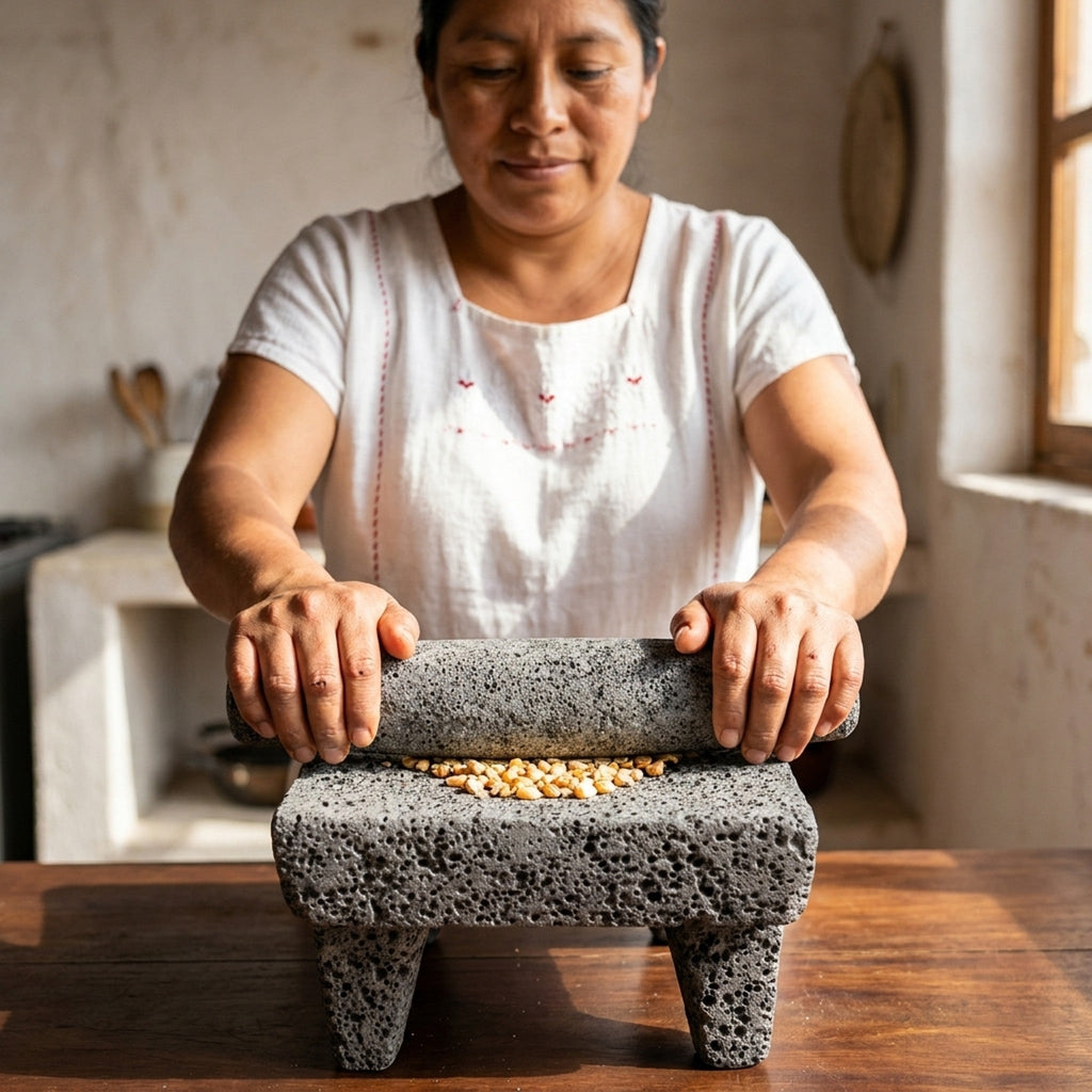 Woman grinding corn on the volcanic stone metate with its mano