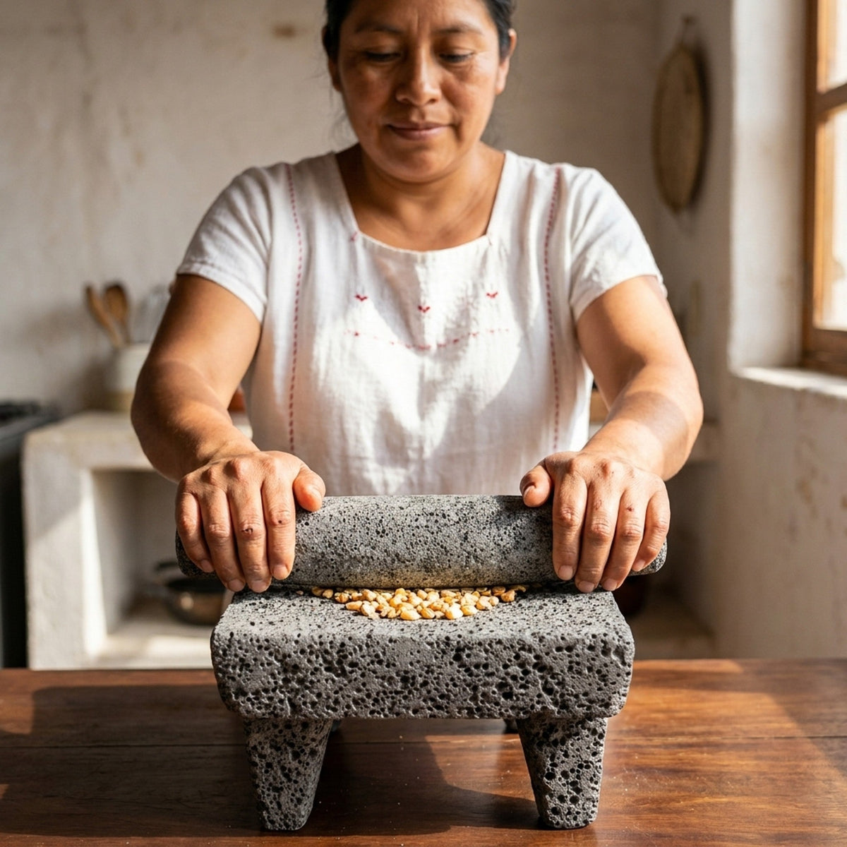 Woman grinding corn on the volcanic stone metate with its mano