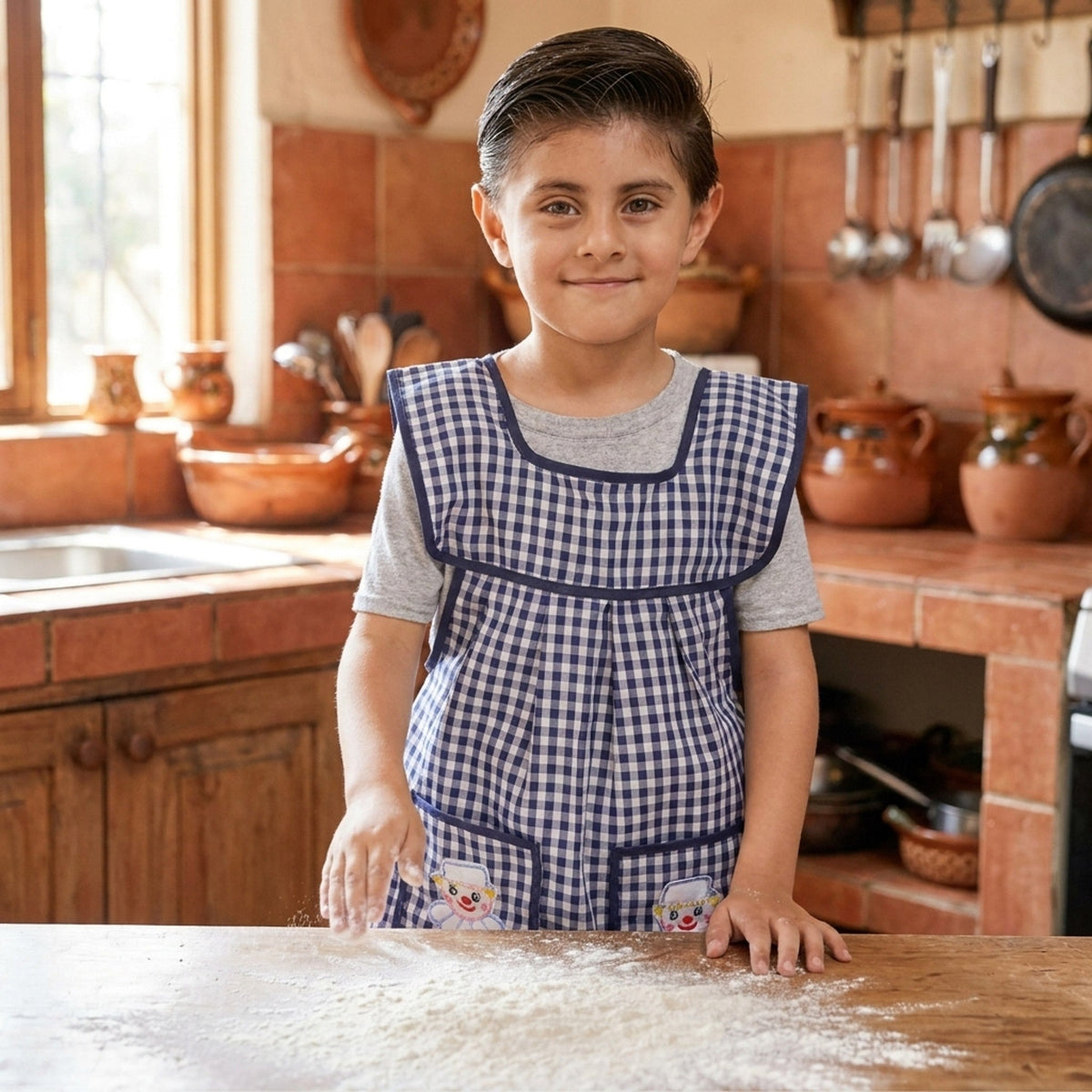 Boy wearing the blue gingham kids apron in a Mexican kitchen