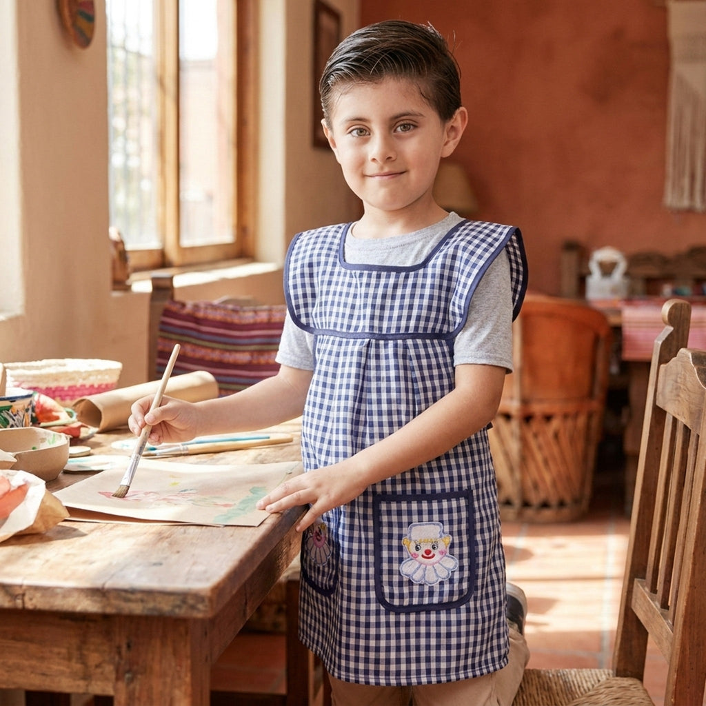 Boy wearing the blue gingham kids apron while painting