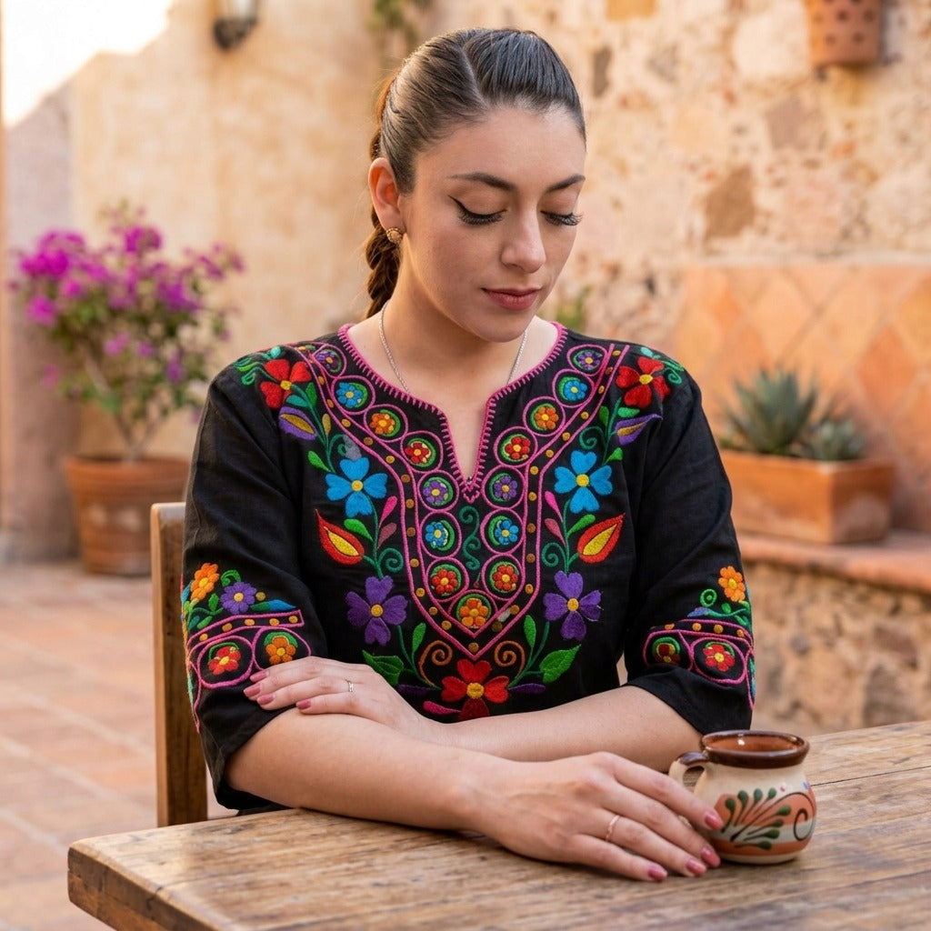 Black embroidered Mexican blouse with colorful floral embroidery at a wooden table