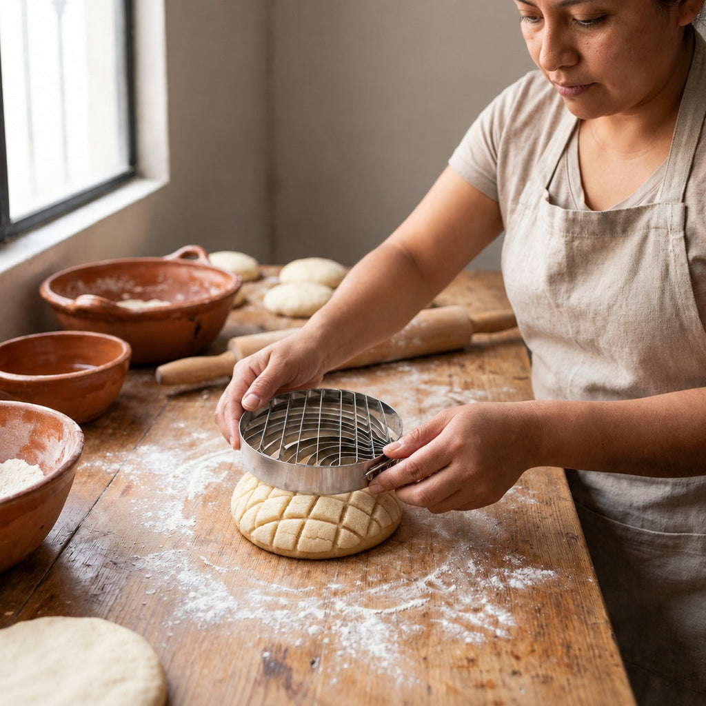 Woman marking a concha bun with the stainless steel concha cutter