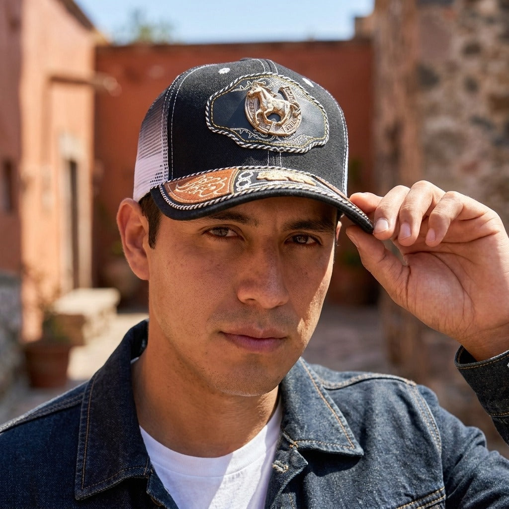 Man in a denim jacket wearing the black charro cap with the gold horse emblem