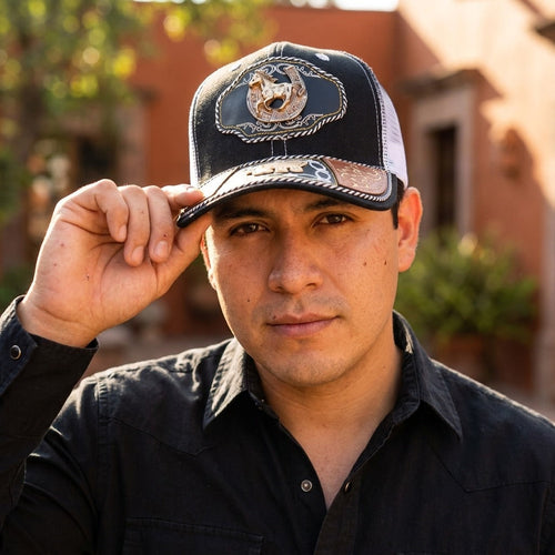 Man in a black shirt touching the brim of the black charro cap