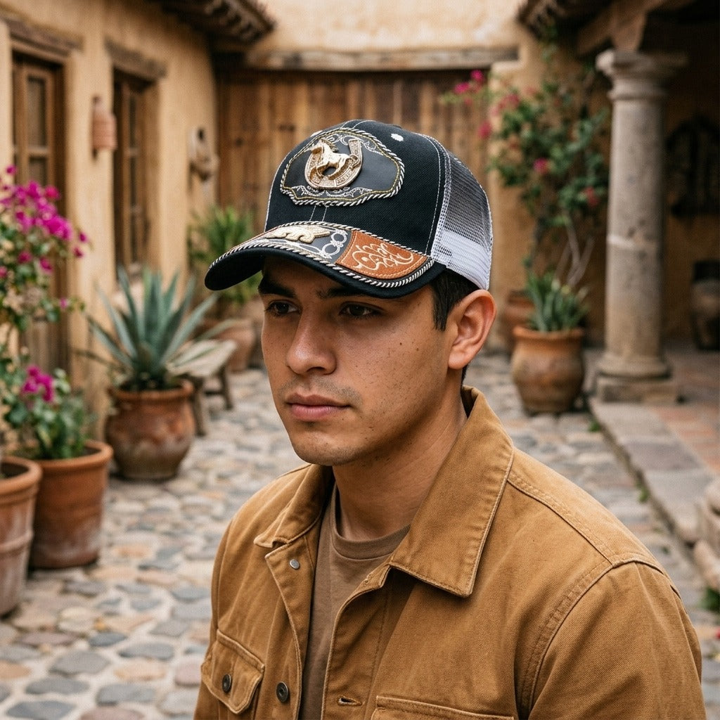 Black charro cap worn in a Mexican courtyard with bougainvillea