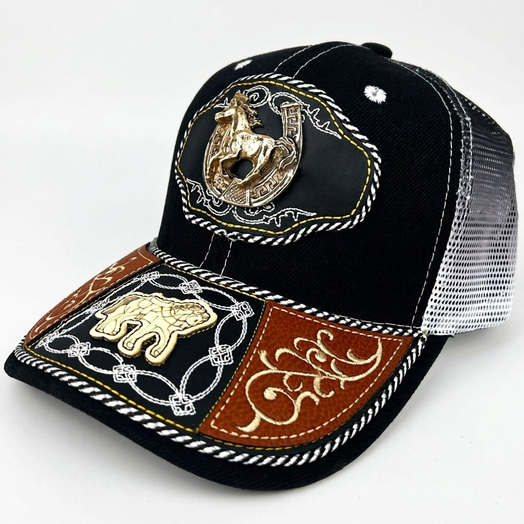 Black charro cap with gold horse emblem, brown leather brim panels and white mesh back