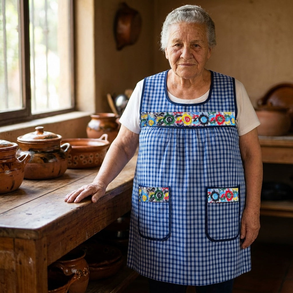 Blue gingham Mexican apron with floral embroidery on the bib and pockets