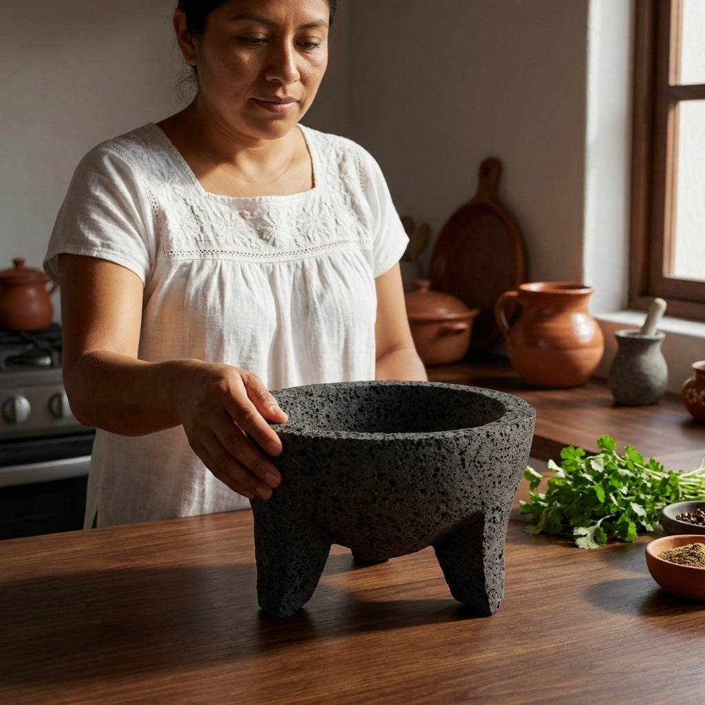 Woman with a three leg volcanic stone molcajete in a Mexican kitchen