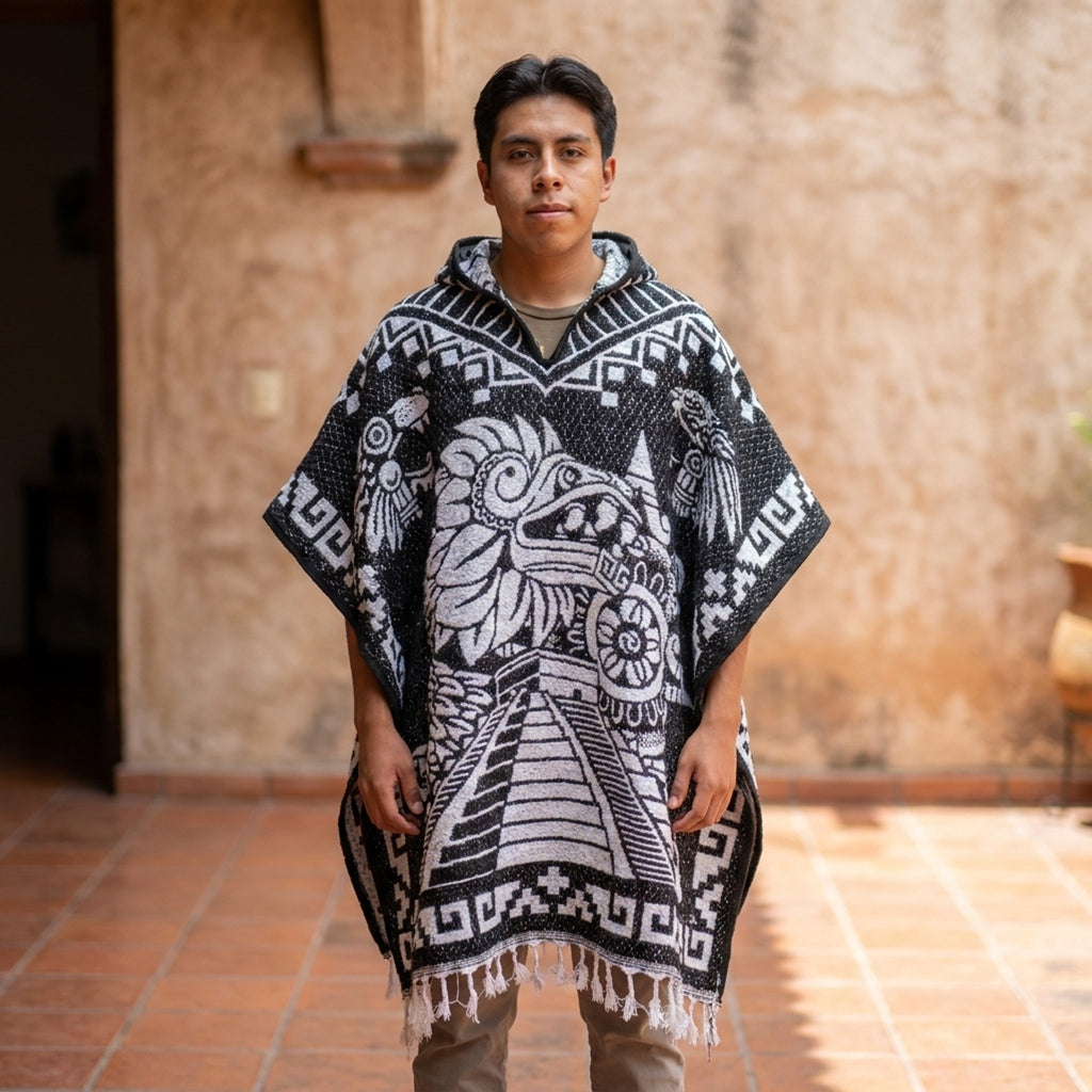 Black and white Aztec gabán poncho with Quetzalcóatl and a pyramid by a hacienda wall