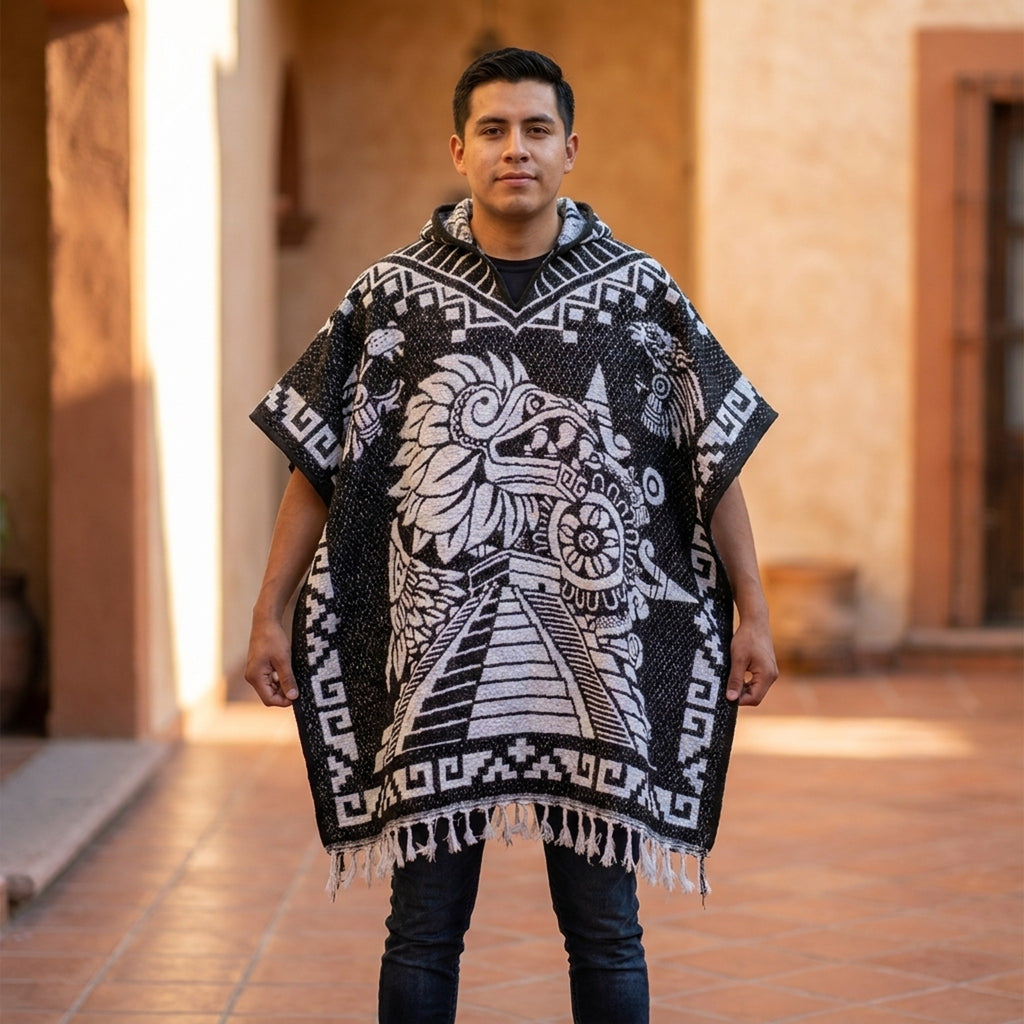 Aztec Calendar Mexican poncho with white fringe in a sunlit corridor