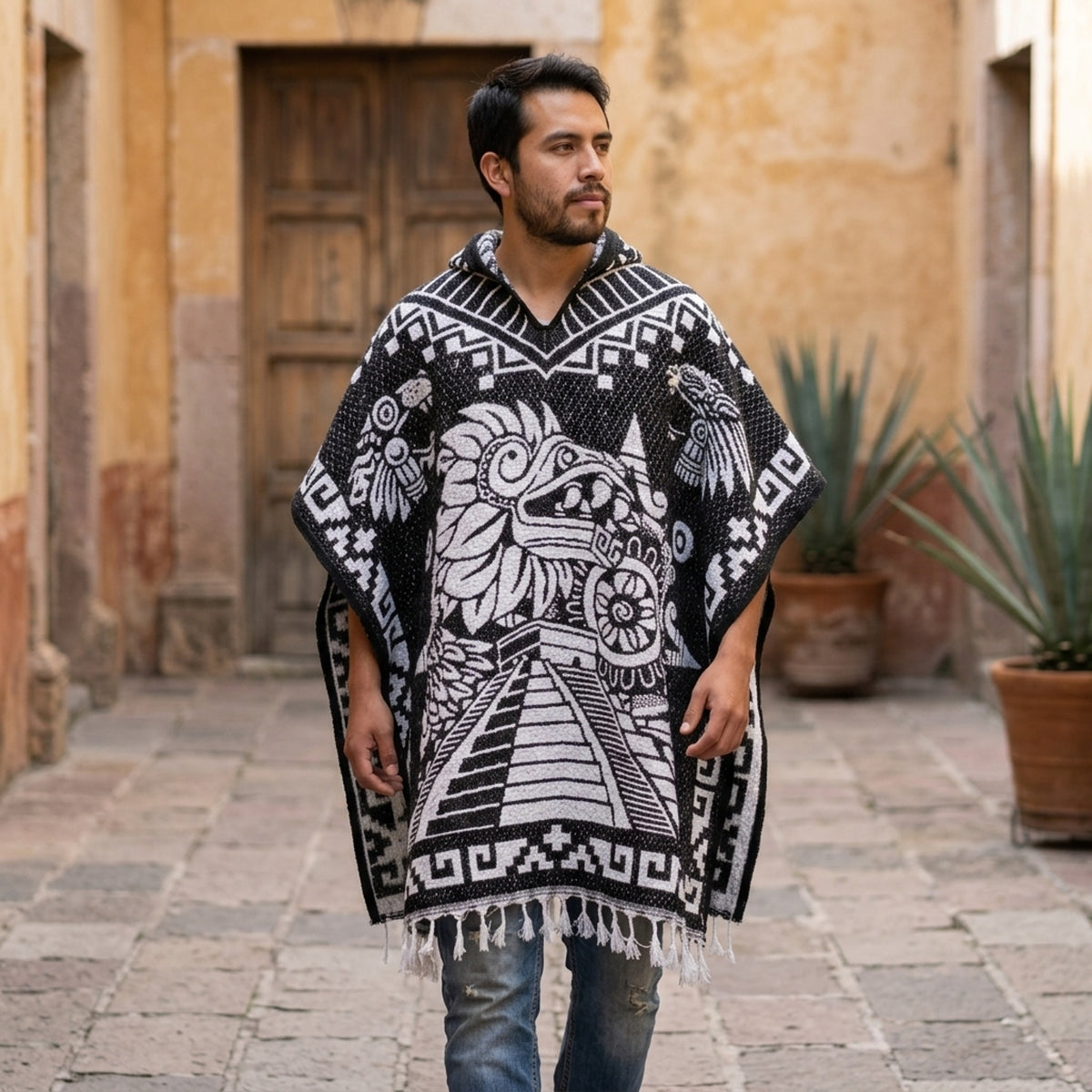 Man wearing the black Aztec gabán poncho by a wooden door and agaves