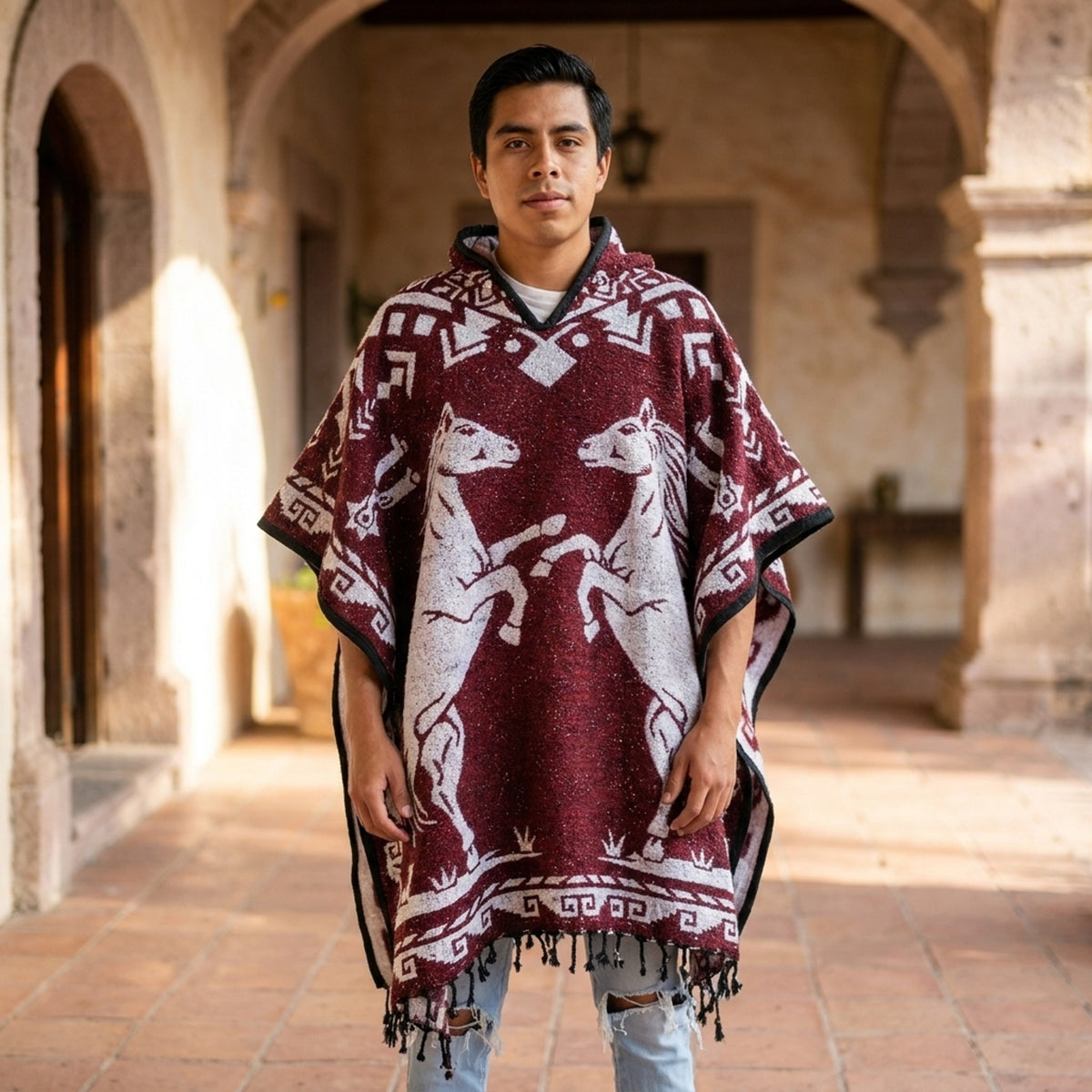 Red Horse Mexican poncho worn under colonial arches