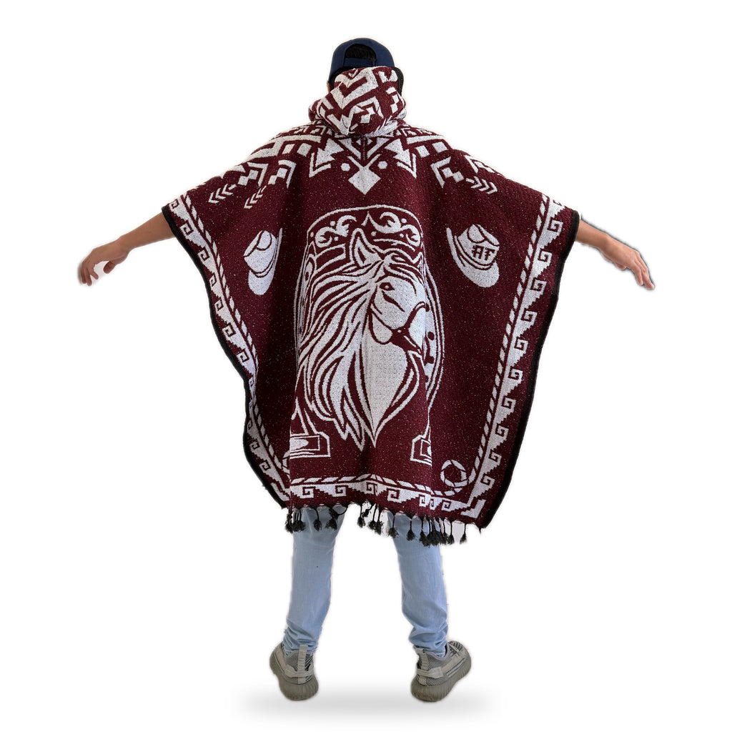 Back of the Red Horse poncho: horse head inside a horseshoe between two charro hats