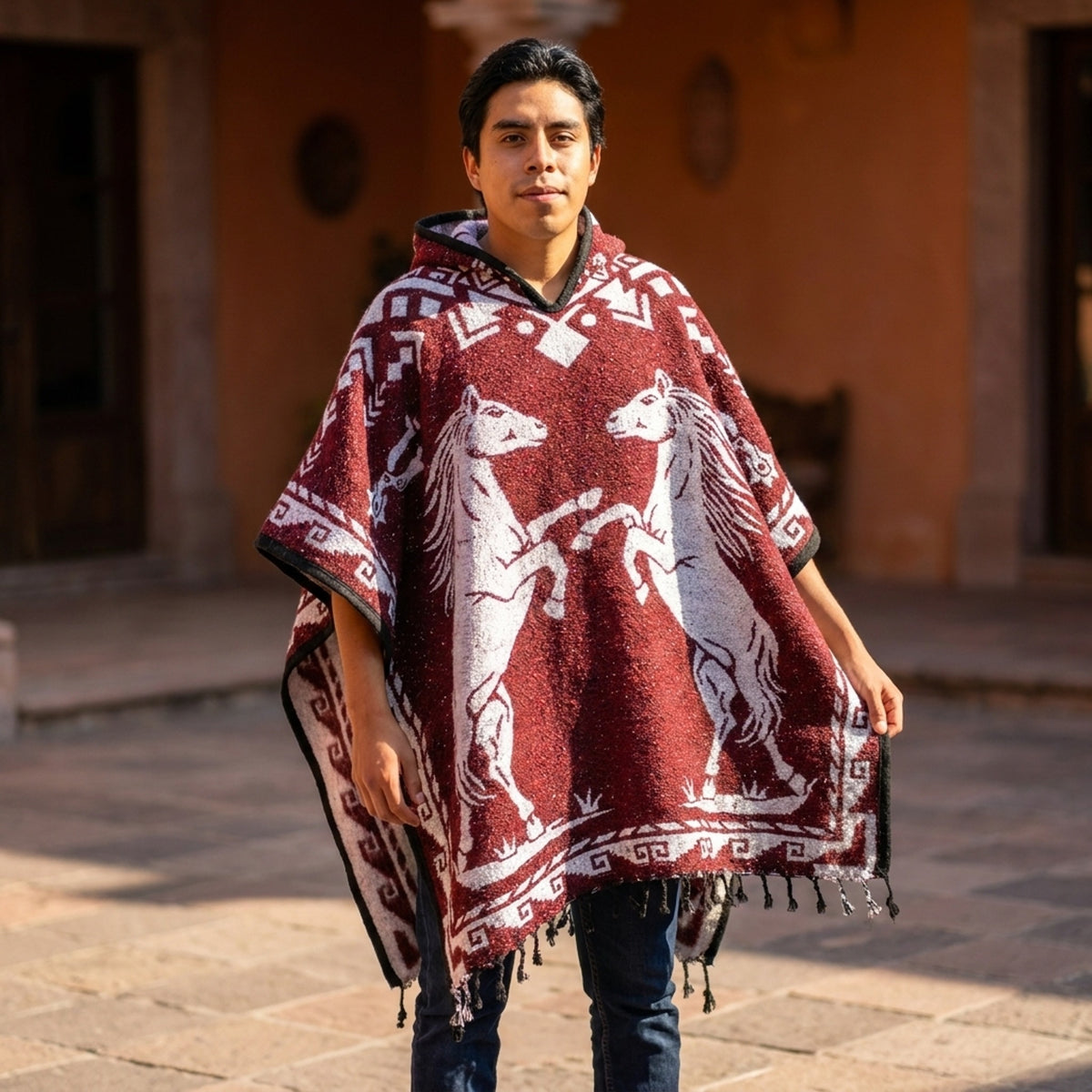 Red Horse Mexican gabán poncho with rearing horses worn in a hacienda courtyard