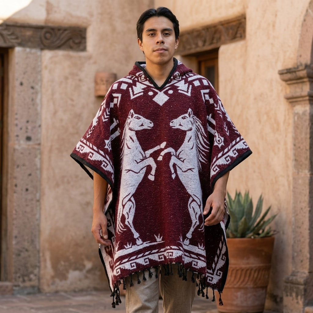 Man wearing the burgundy horse poncho beside a stone wall and agave