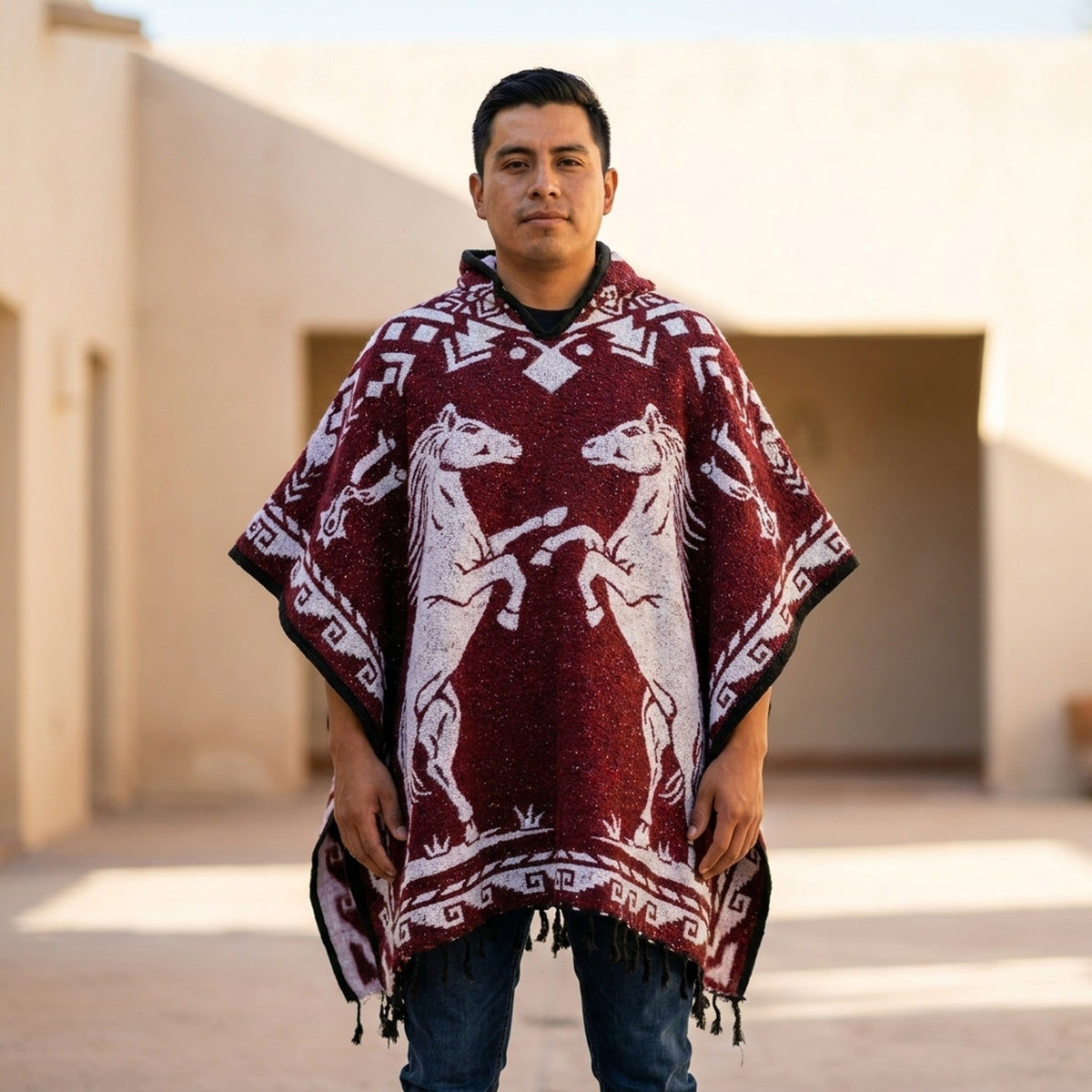 Burgundy hooded gabán with two rearing horses and black fringe on a sunny patio