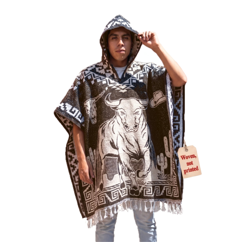 Model wearing the Charro Bull Rider hooded Mexican poncho in brown and cream, front view on white
