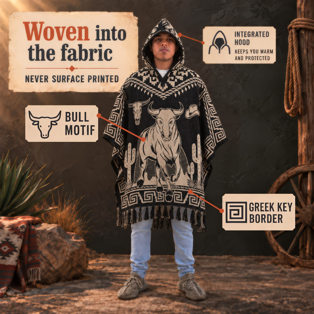 Man wearing the black and cream Charro Bull Rider Mexican poncho with hood and bull design
