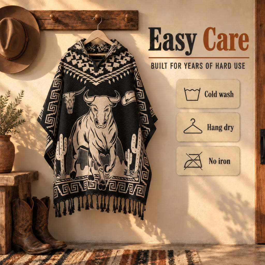 Bull Rider poncho hanging on a hook, wash cold and hang dry