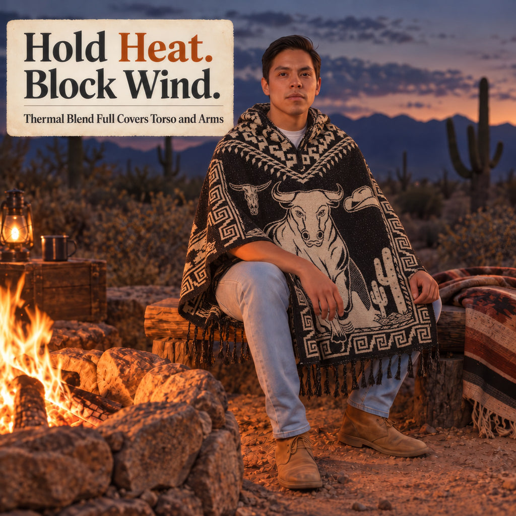 Charro Bull Rider Mexican poncho worn by a fire pit at dusk