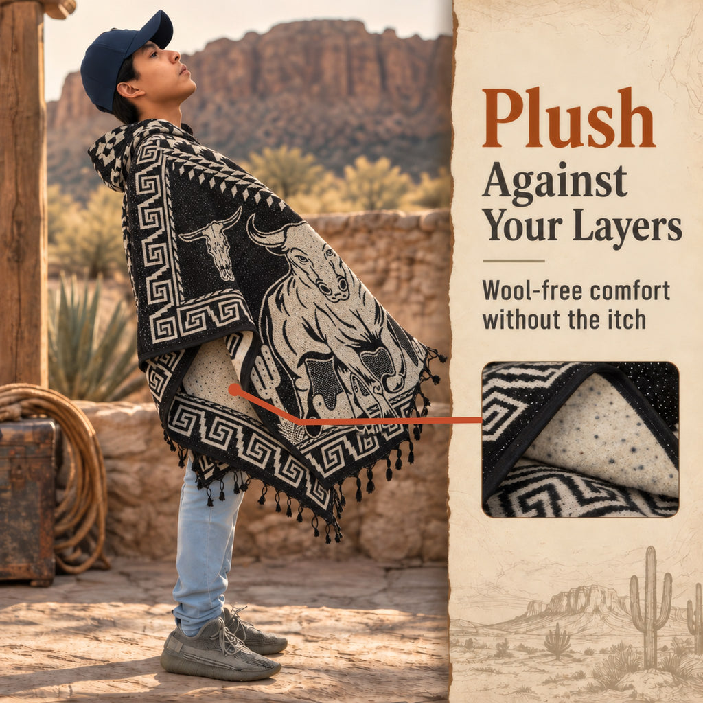 Side view of the hooded bull rider poncho and its soft wool free lining