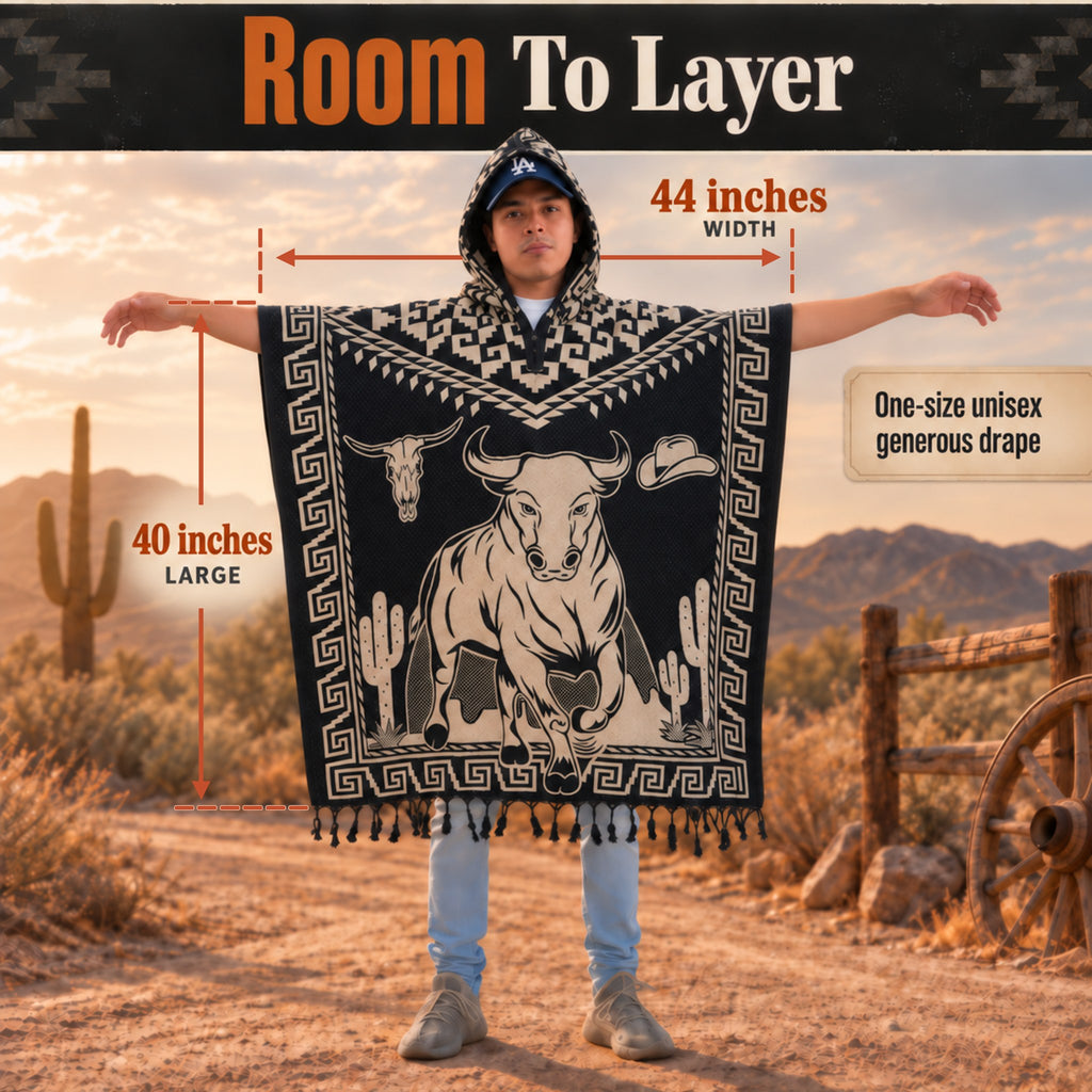 Bull Rider Mexican poncho size, about 44 inches wide and 40 inches long