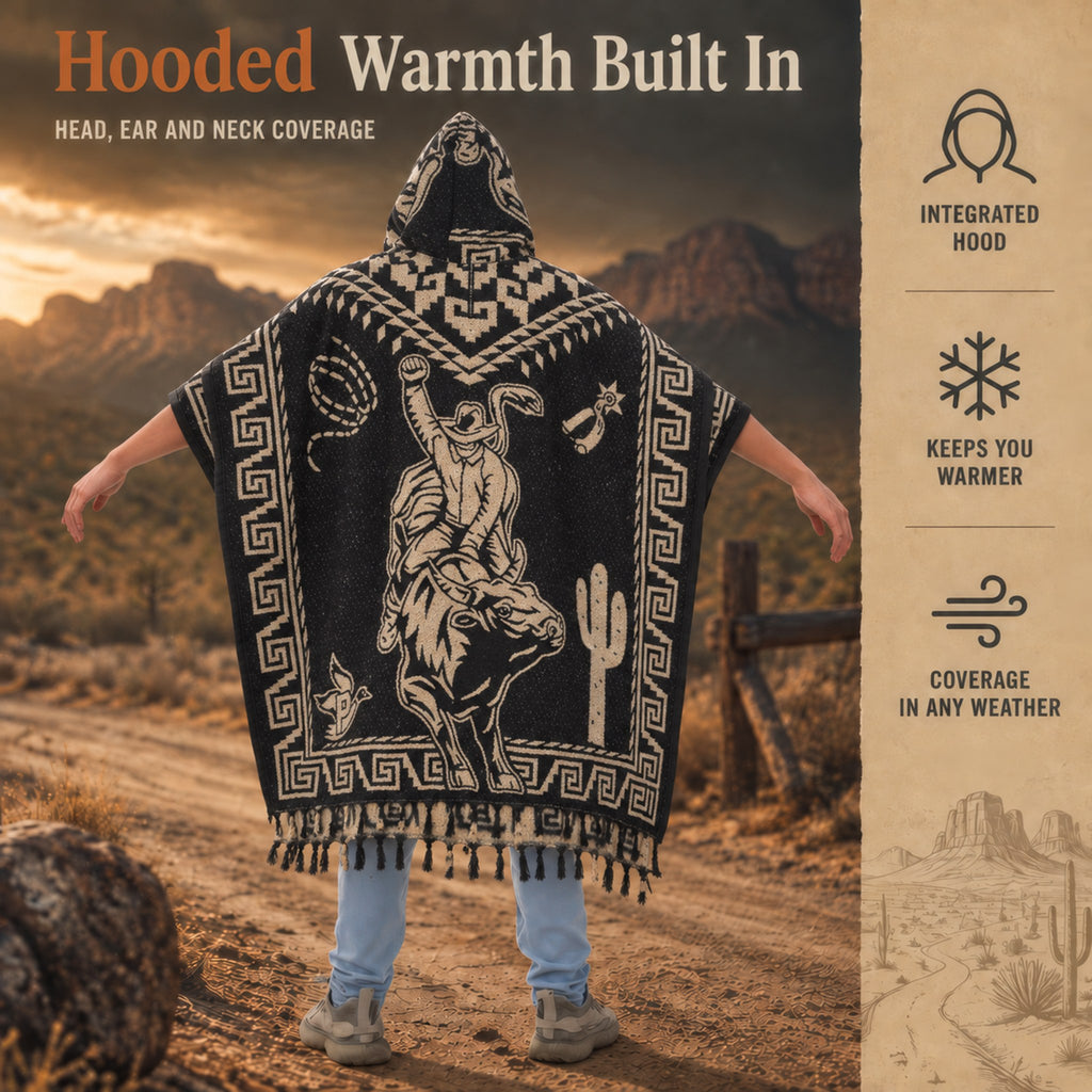 Back of the hooded poncho with the charro bull rider design