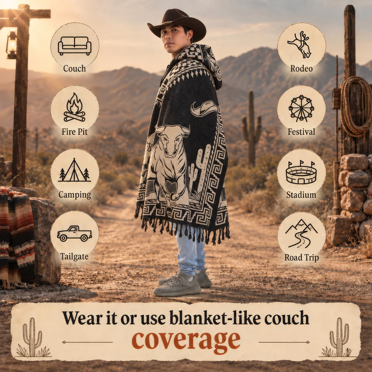Hooded Mexican poncho for camping, rodeos, festivals and road trips