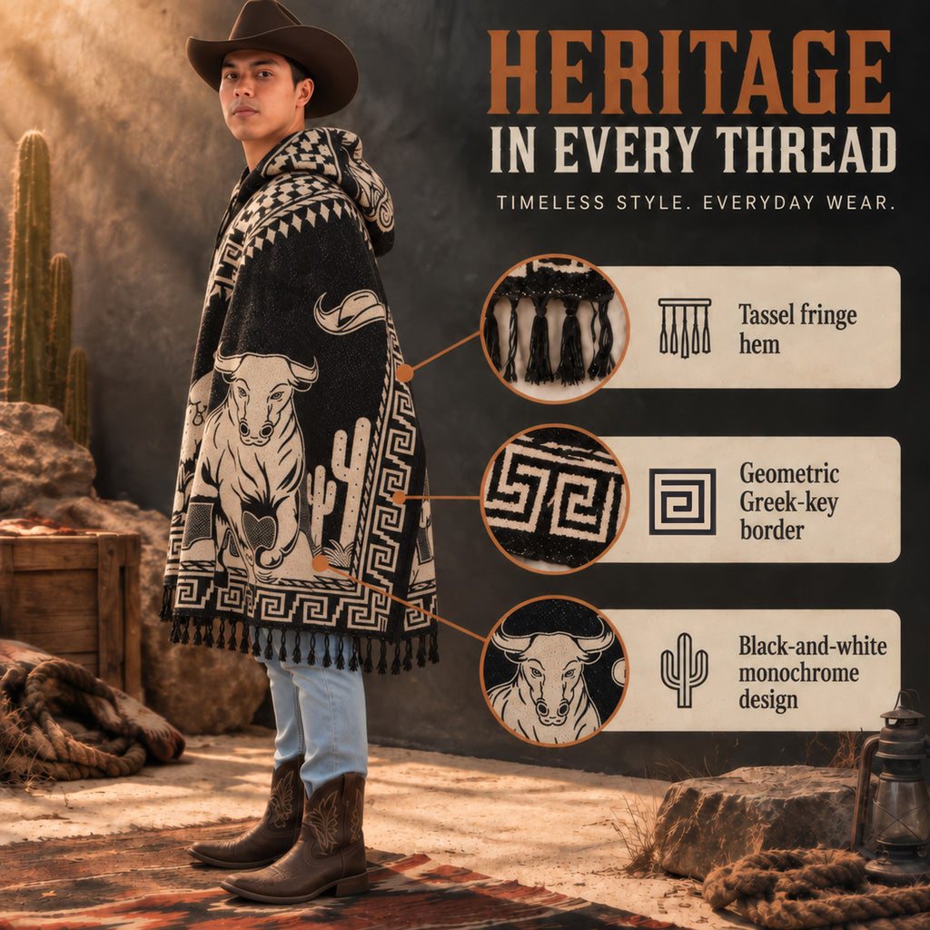 Black and cream Mexican poncho with Greek key border and tassel fringe