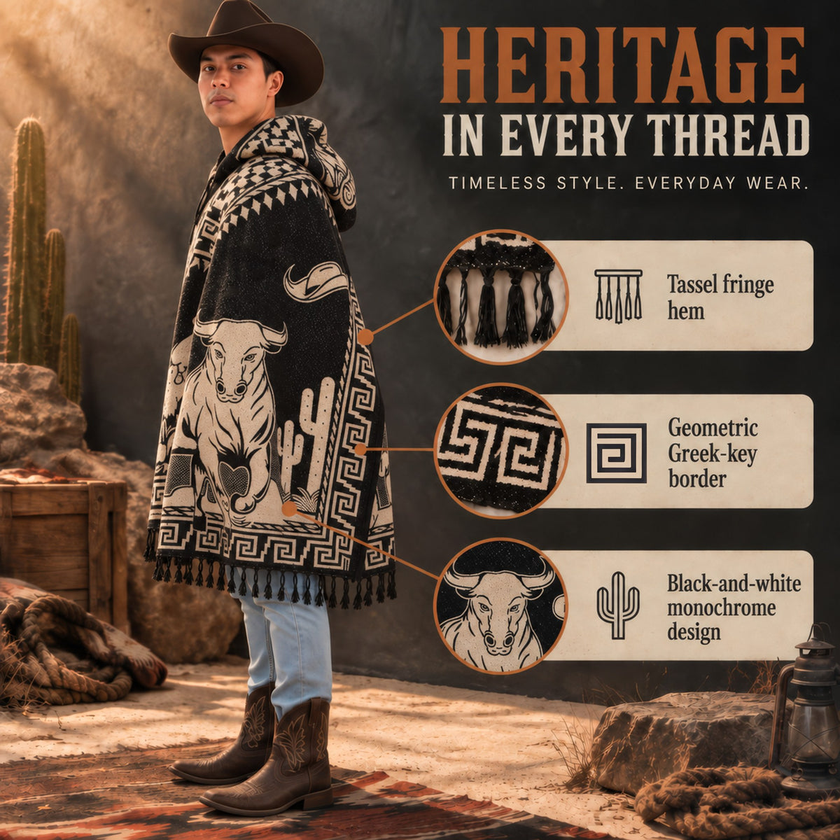 Black and cream Mexican poncho with Greek key border and tassel fringe